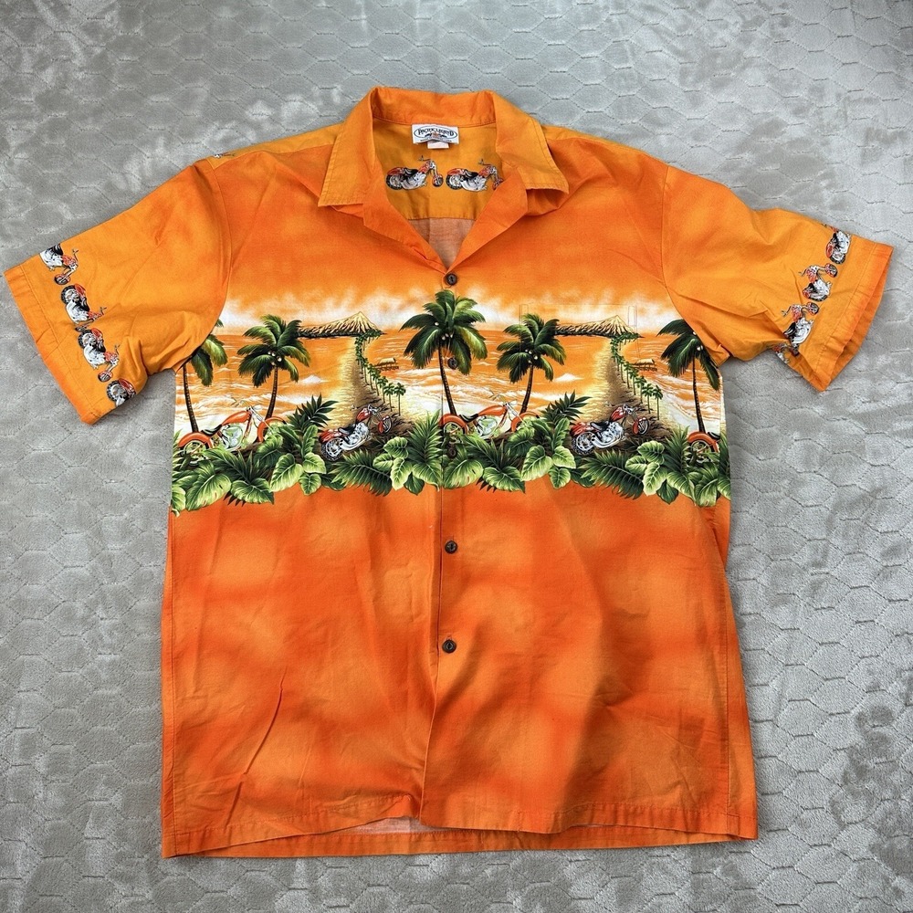 Hawaiian Motorcycle Chopper Beach Aloha Shirt Mens XL Orange Pacific Legend USA